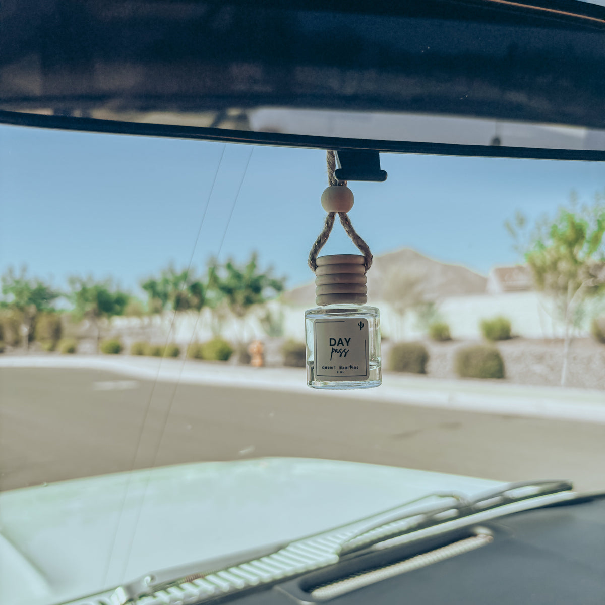 Car air freshener hanging from a car's rearview mirror with a scenic background.