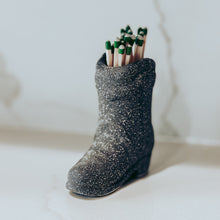 Load image into Gallery viewer, Black ceramic matchstick holder with green matches