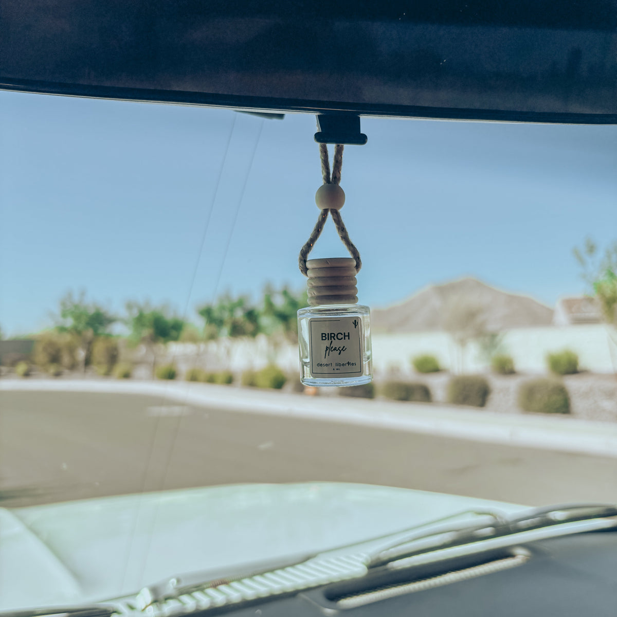 Car air freshener hanging from a car's rearview mirror with a desert landscape in the background.
