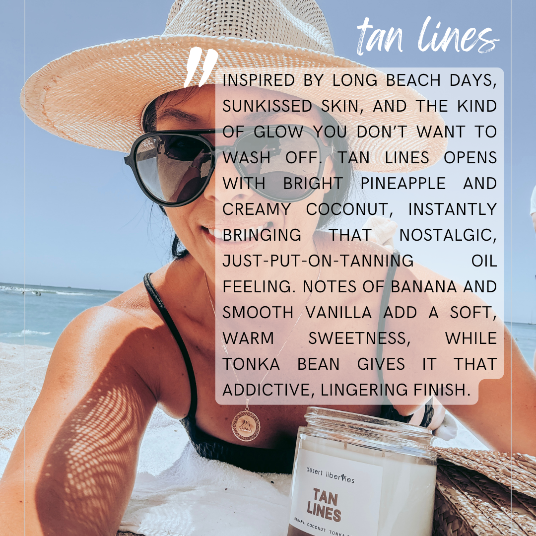 Person on a beach with a tan lines candle and product description text overlay.