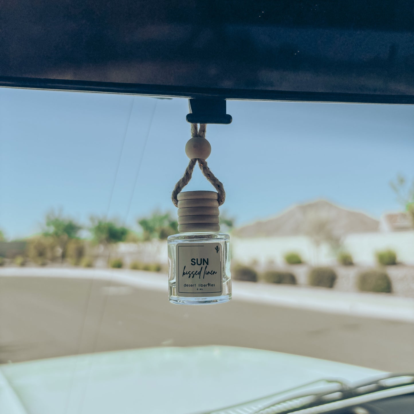 Car air freshener hanging from a car's rearview mirror with a scenic background.