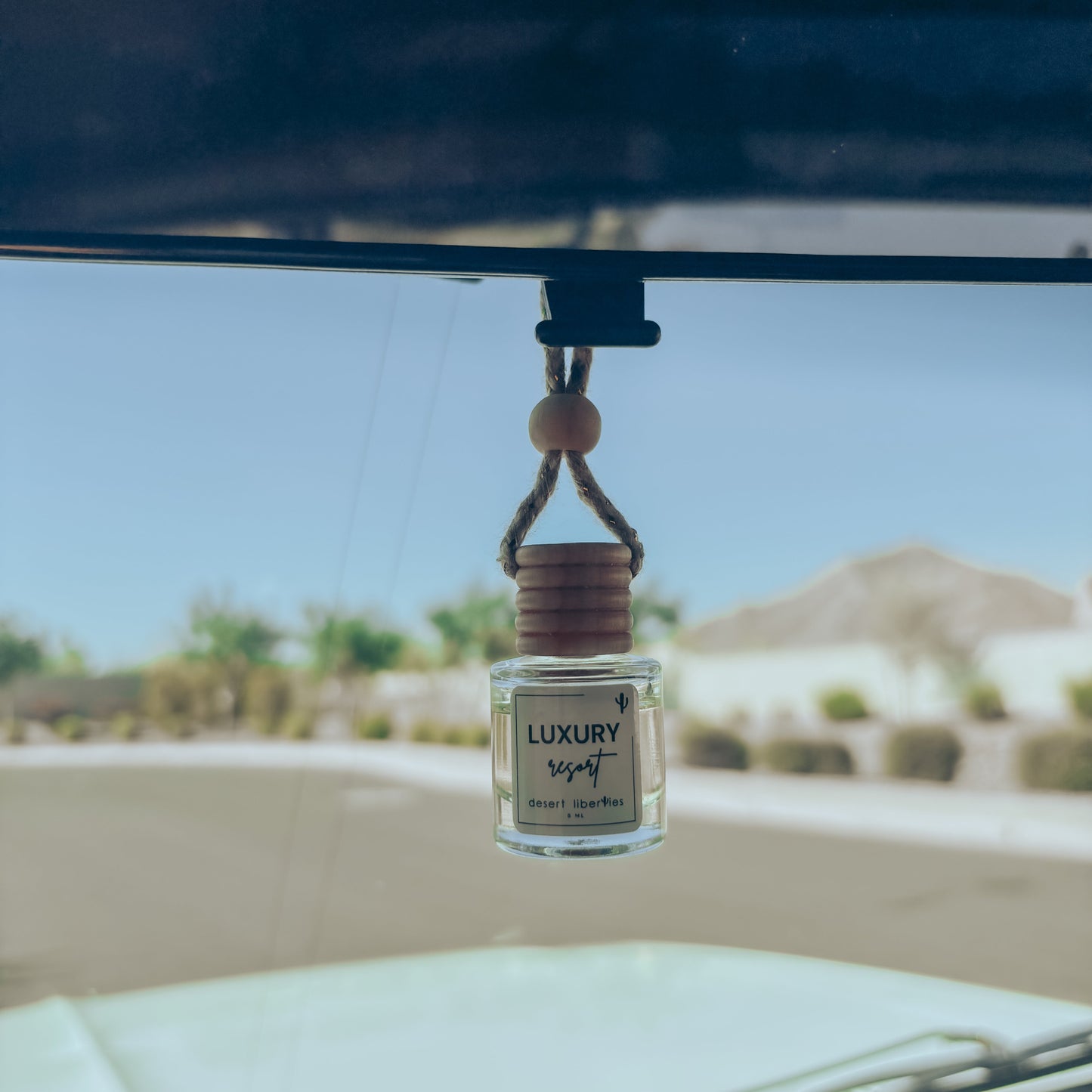 Car air freshener hanging from a car's rearview mirror with a scenic background.