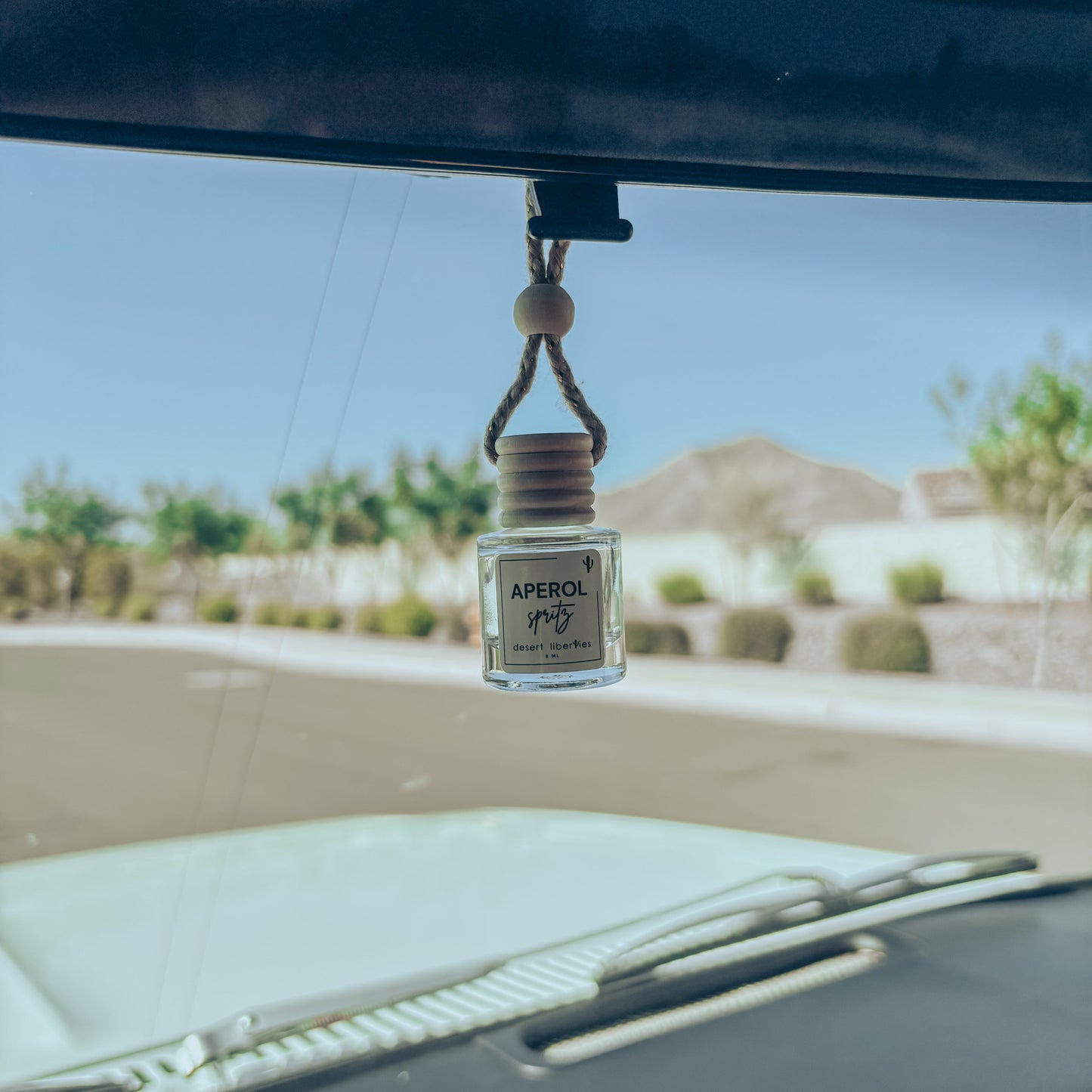 Car air freshener hanging from a car's rearview mirror with a scenic background.