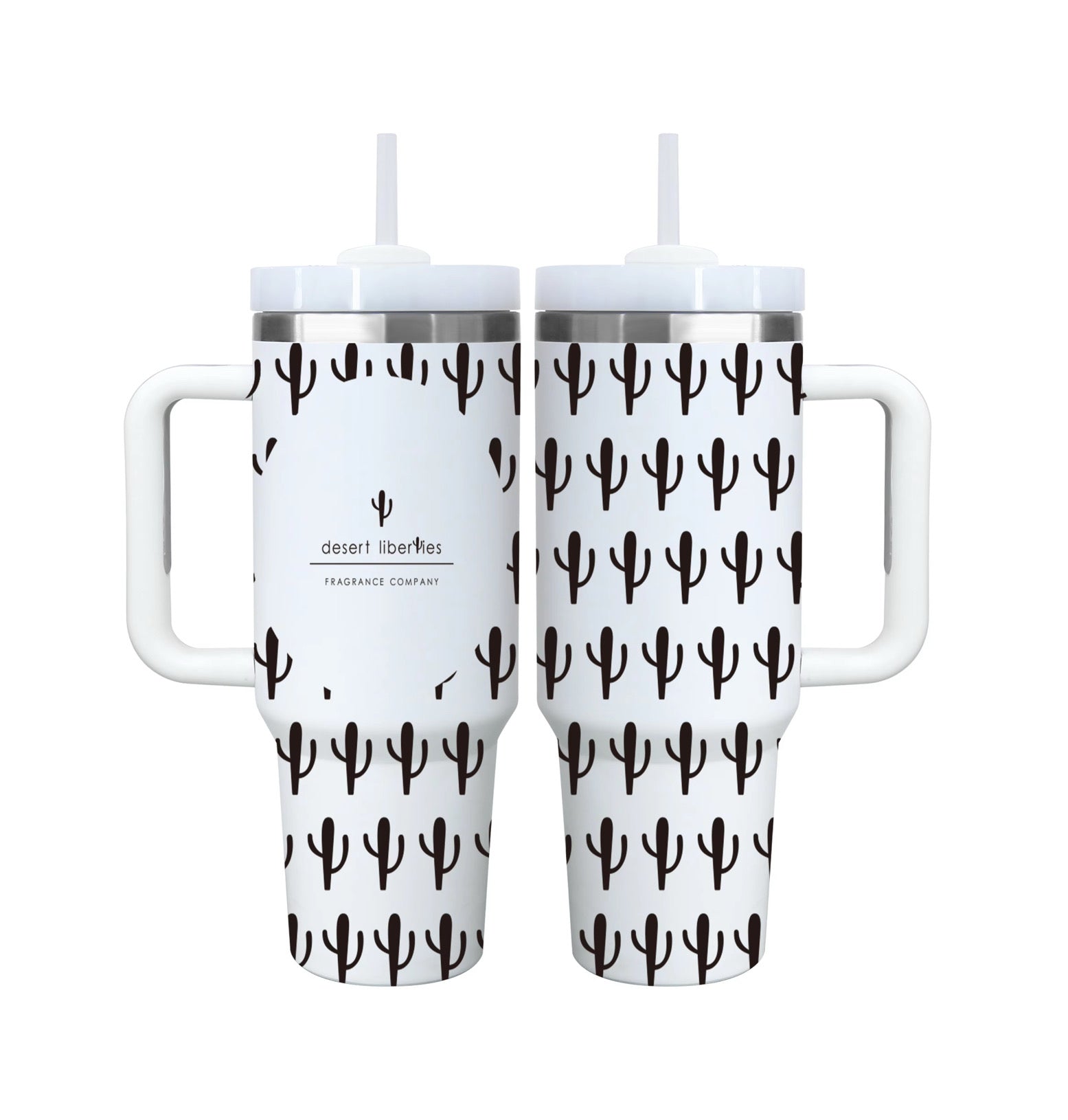Two white tumblers with black cactus pattern and handles on a white background