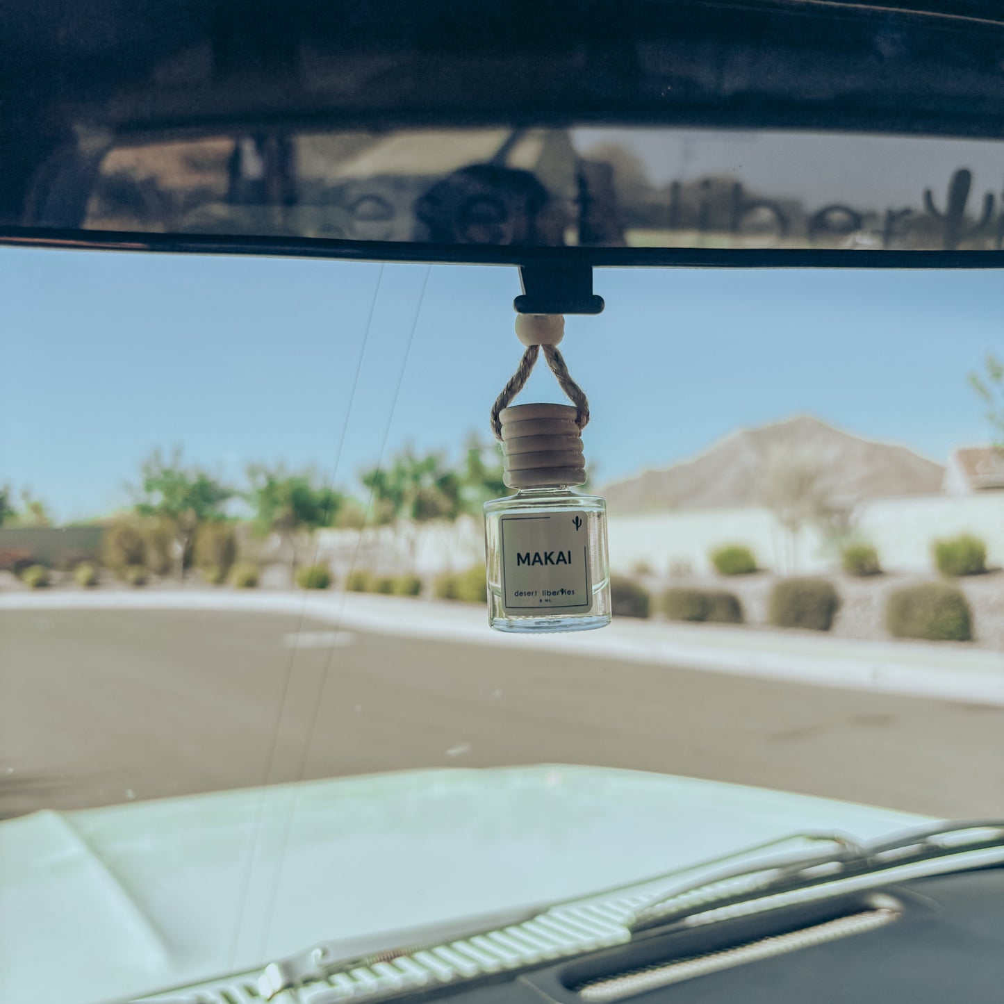 Car air freshener hanging from a rearview mirror with a scenic background