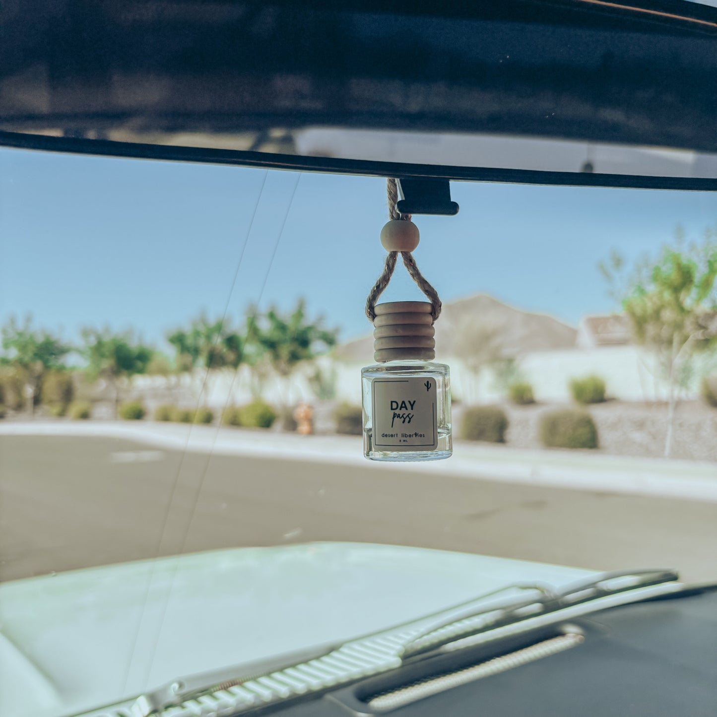 Car air freshener hanging from a car's rearview mirror with a scenic background.