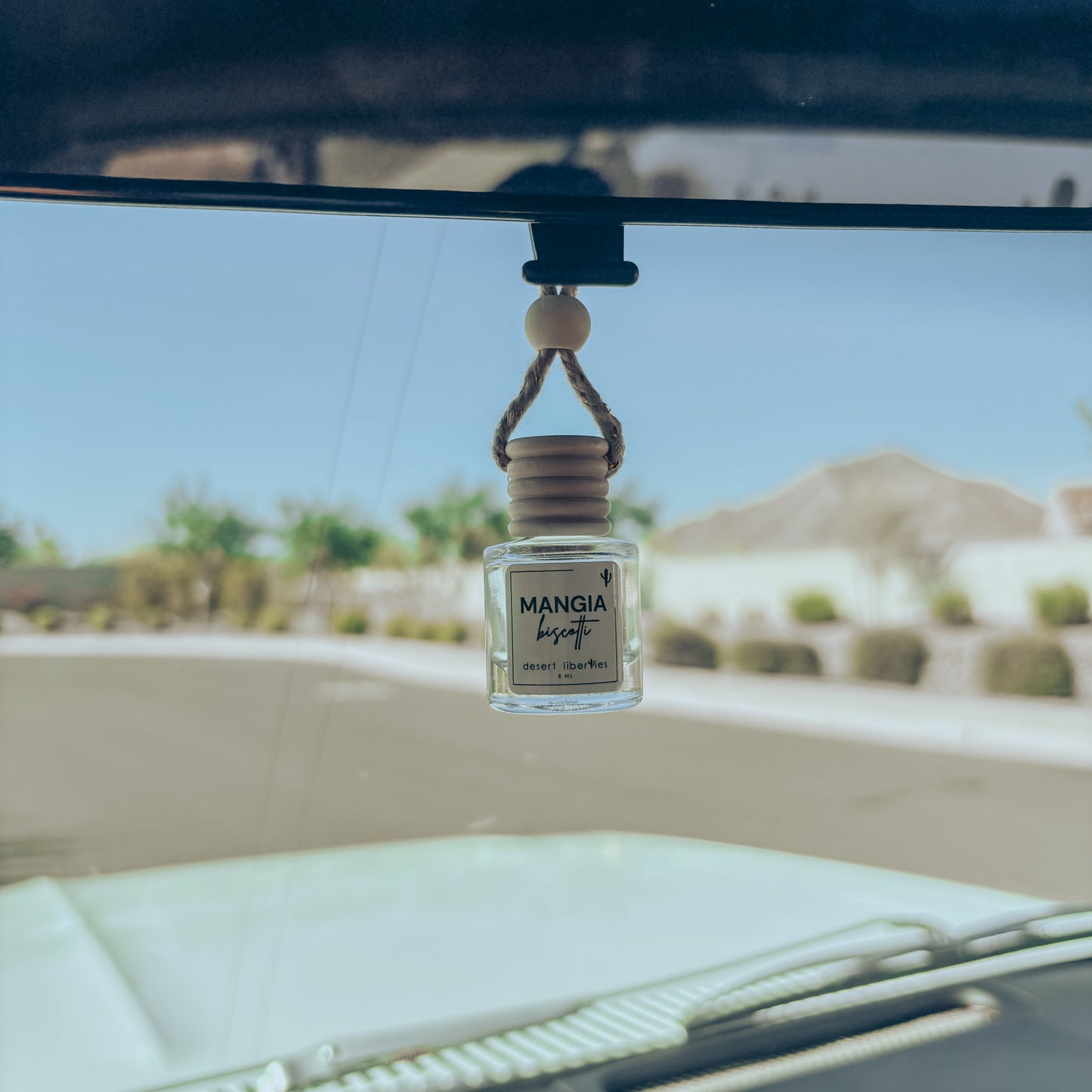 Car air freshener hanging from a car's rearview mirror with a scenic background.