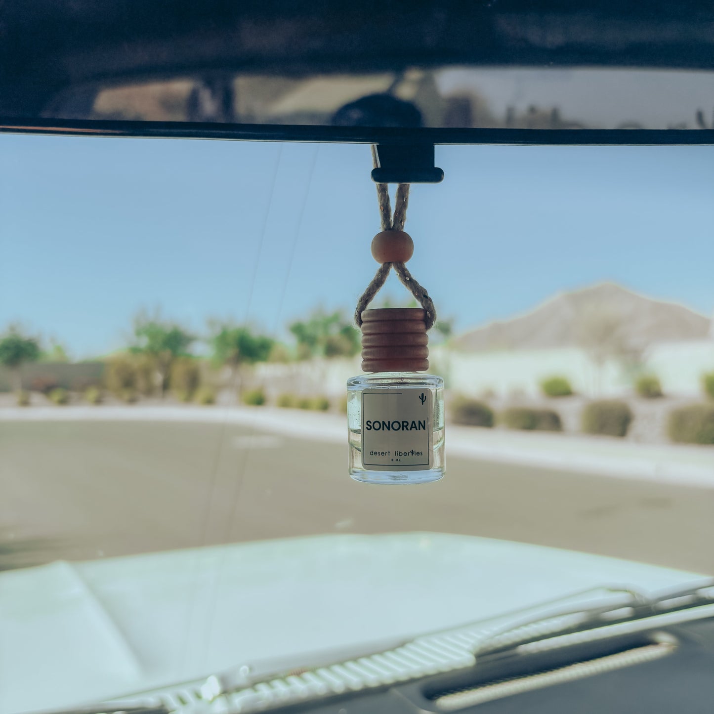 Car air freshener hanging from a car's rearview mirror with a desert landscape in the background.