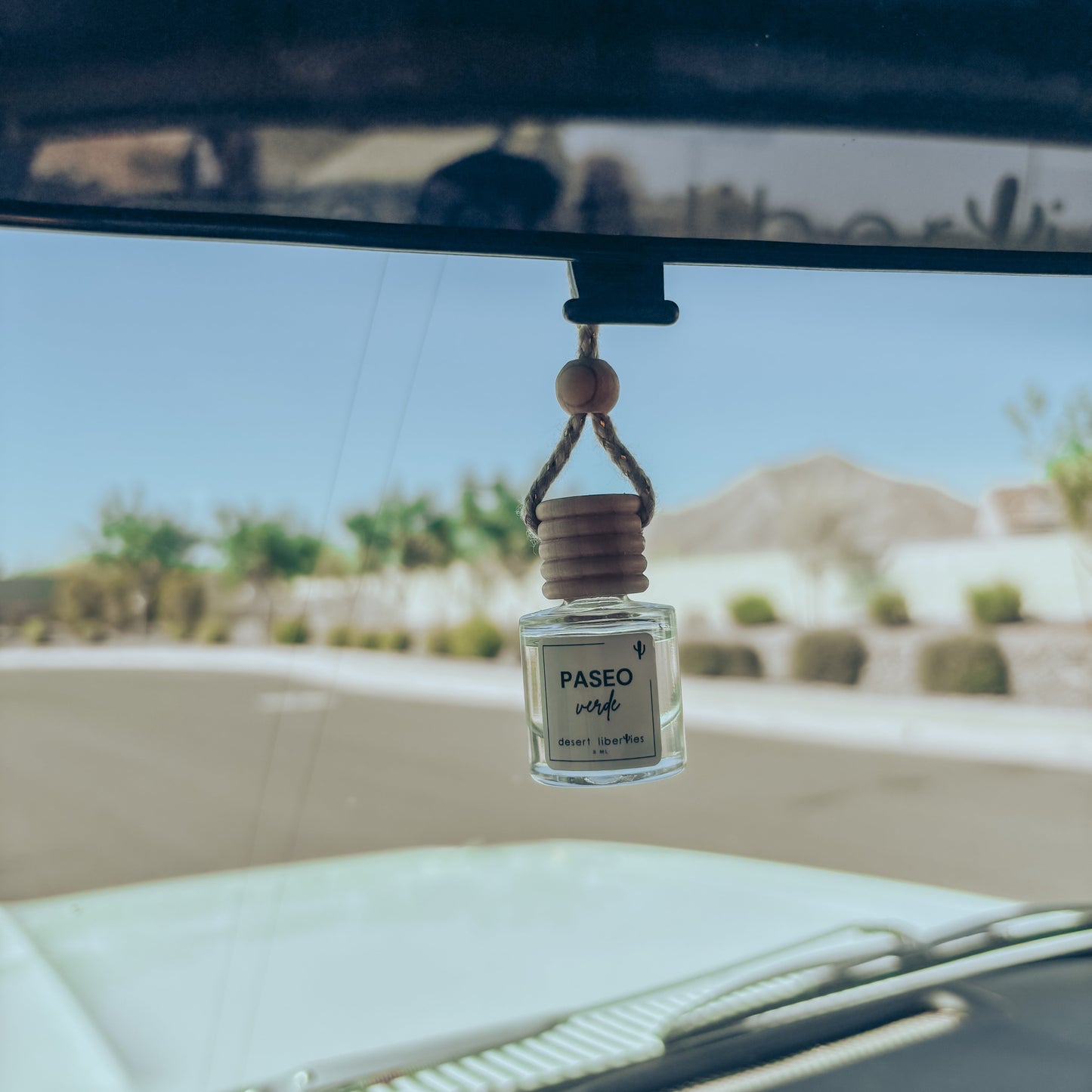 Car air freshener hanging from a car's rearview mirror with a desert landscape in the background.