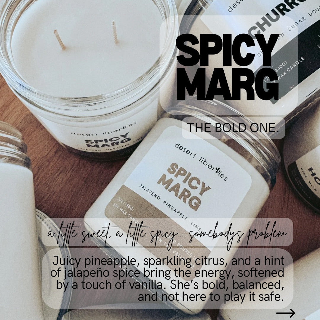 Spicy Marg candles with descriptive text on a wooden surface