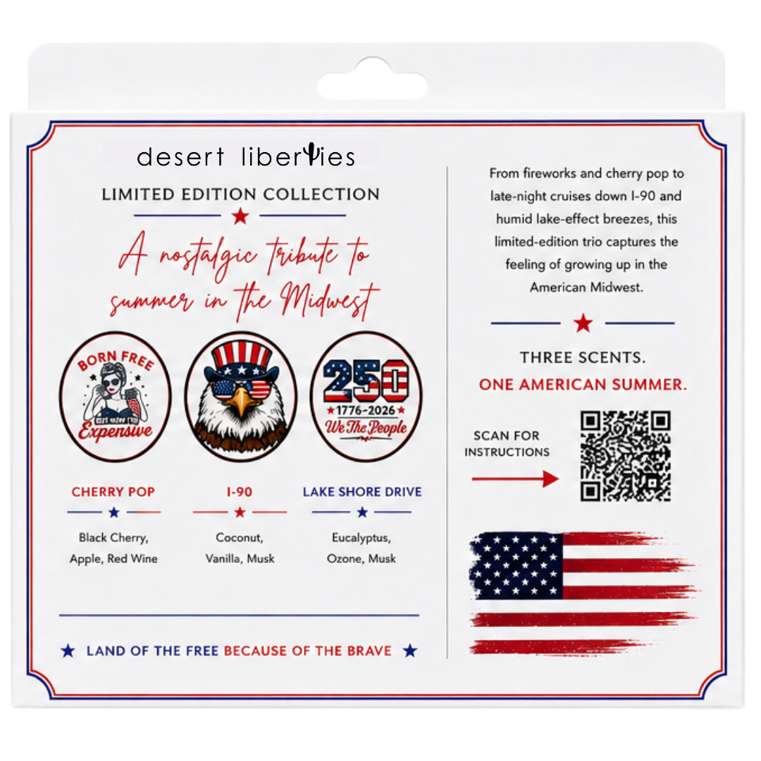 Desert Liberties limited edition collection packaging with product details and branding.