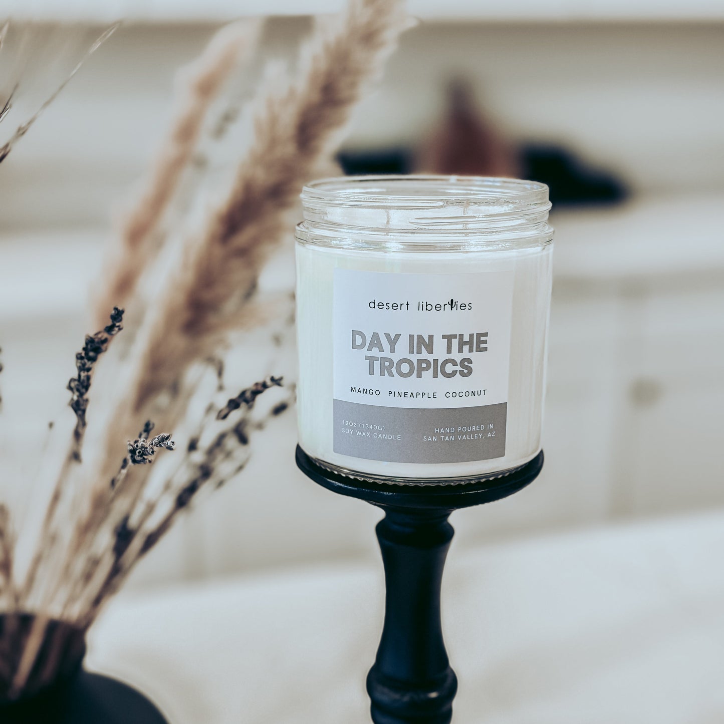 Candle with 'Day in the Tropics' label on a black holder with dried plants in the background.