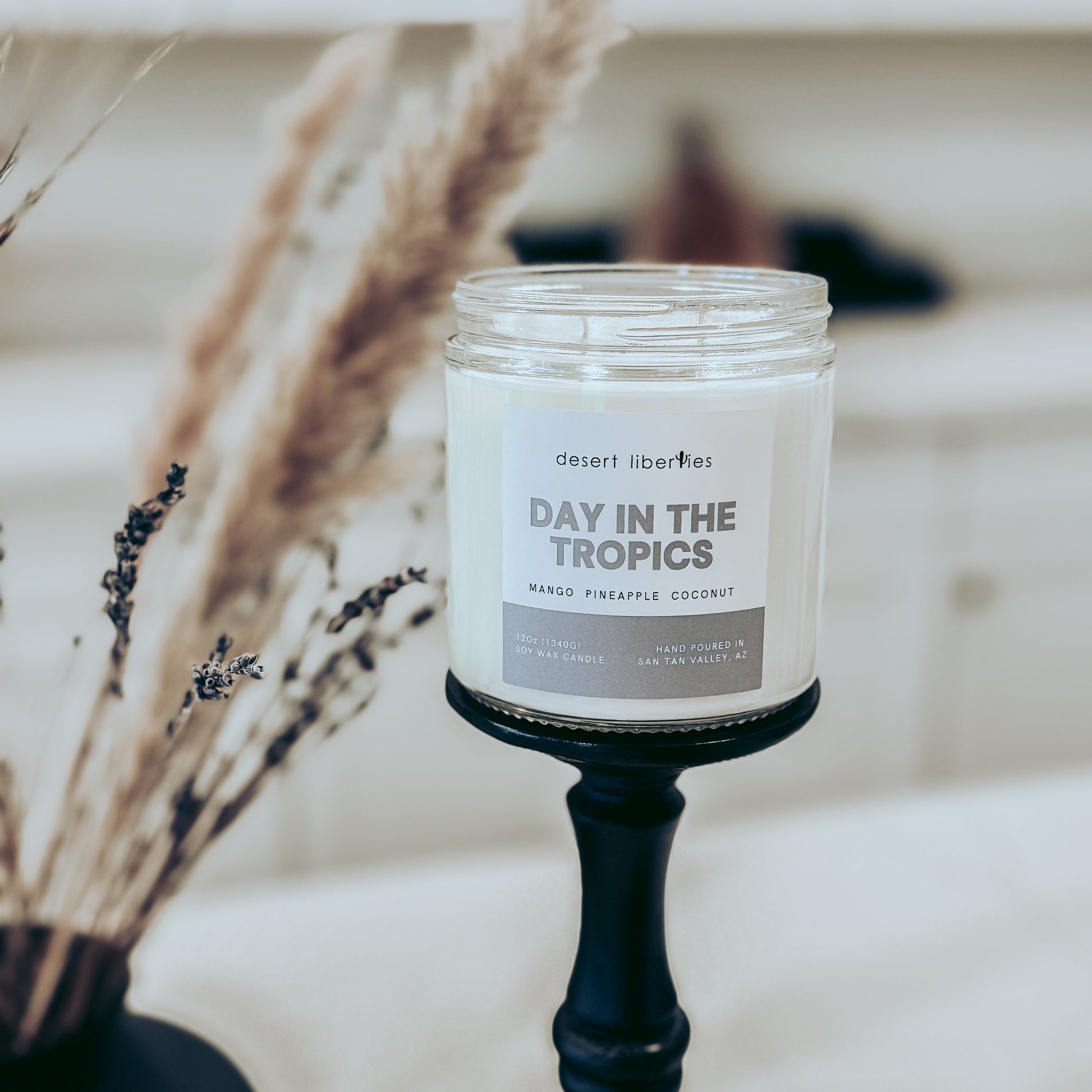 Candle with 'Day in the Tropics' label on a black holder with dried plants in the background.