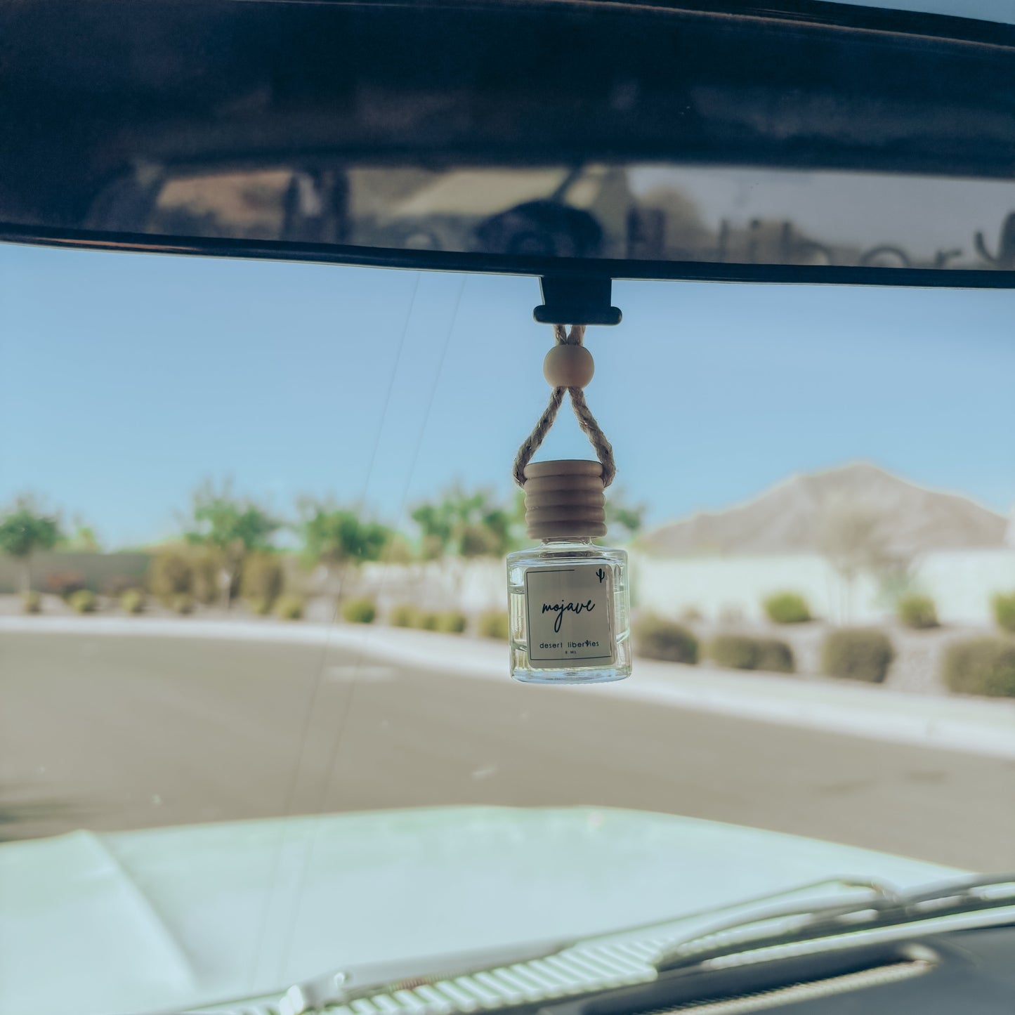 Car air freshener hanging from a car's rearview mirror with a scenic background.