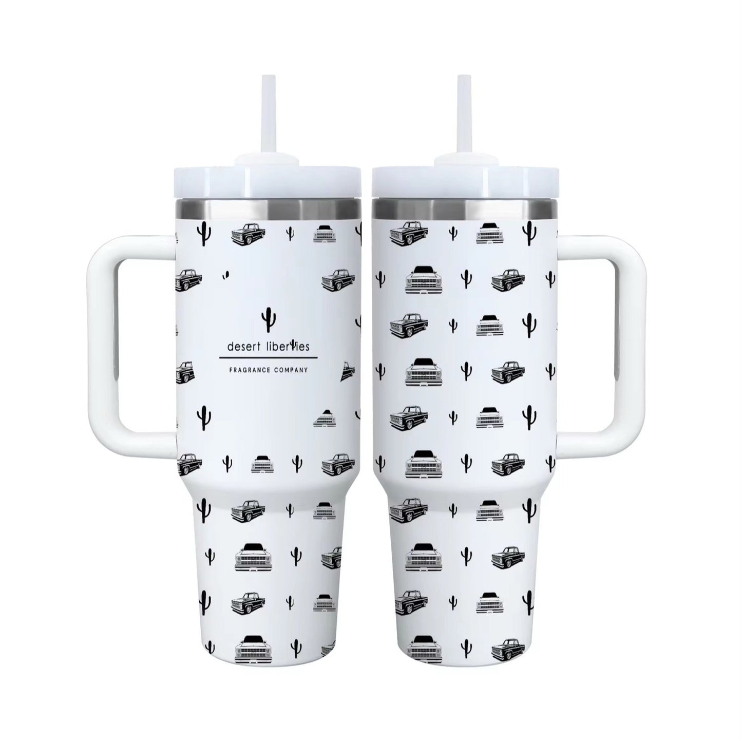 Two white tumblers with black Candle Truck patterns on a white background